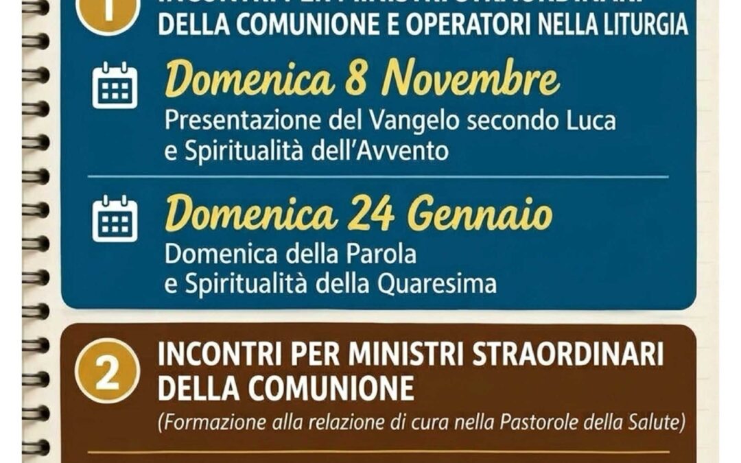 Incontri per ministri straordinari della comunione e operatori della liturgia – 8 Novembre 2026 – 14 Marzo 2027